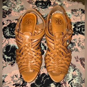 Tory Burch Woven Brown Leather Sandal Heel